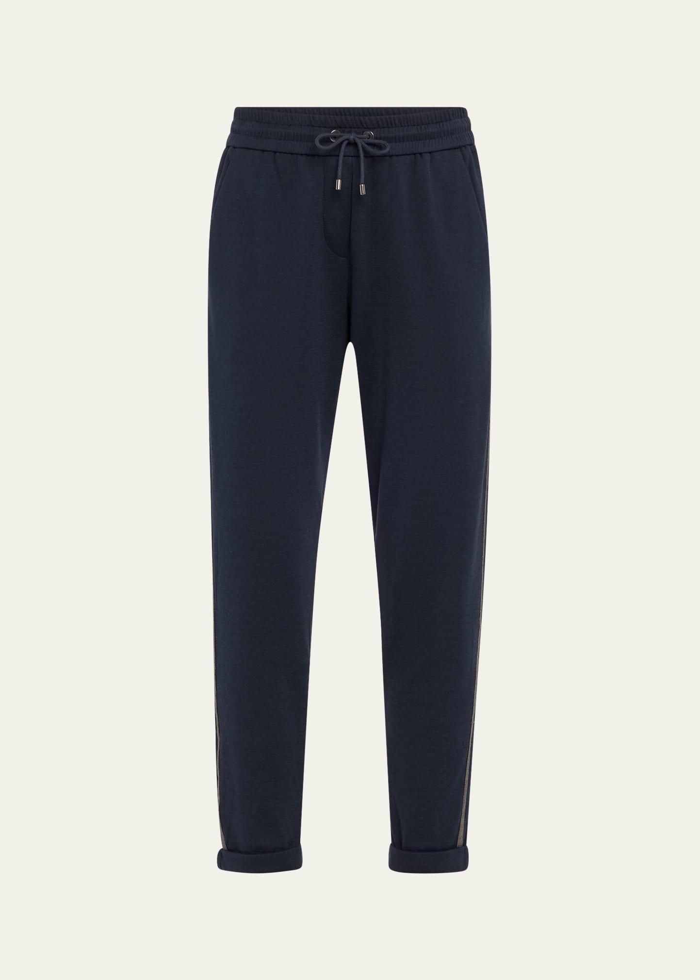fleece drawstring travel pants with monili side stripe