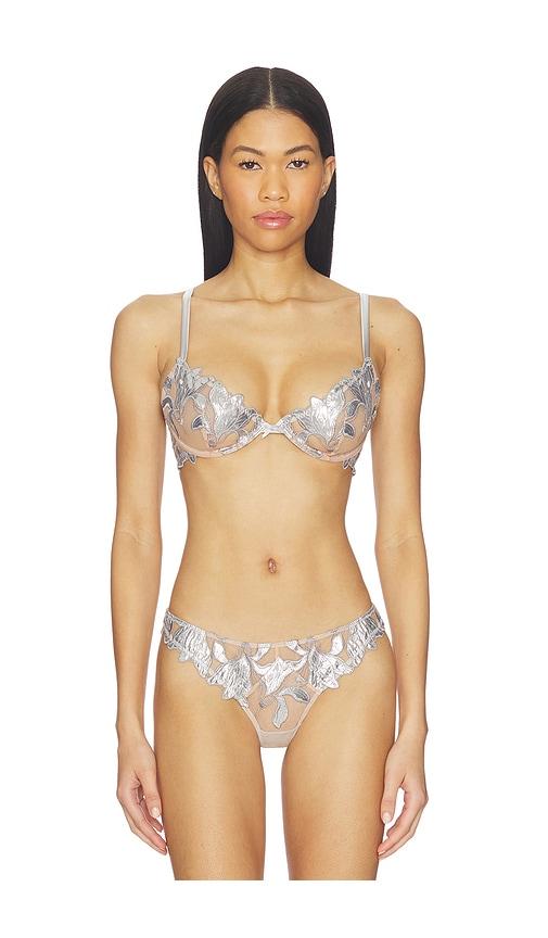 fleur du mal foil lily embroidery demi bra in metallic silver.
