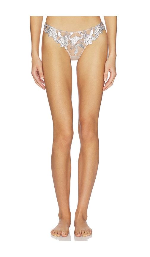 fleur du mal foil lily embroidery thong in metallic silver.