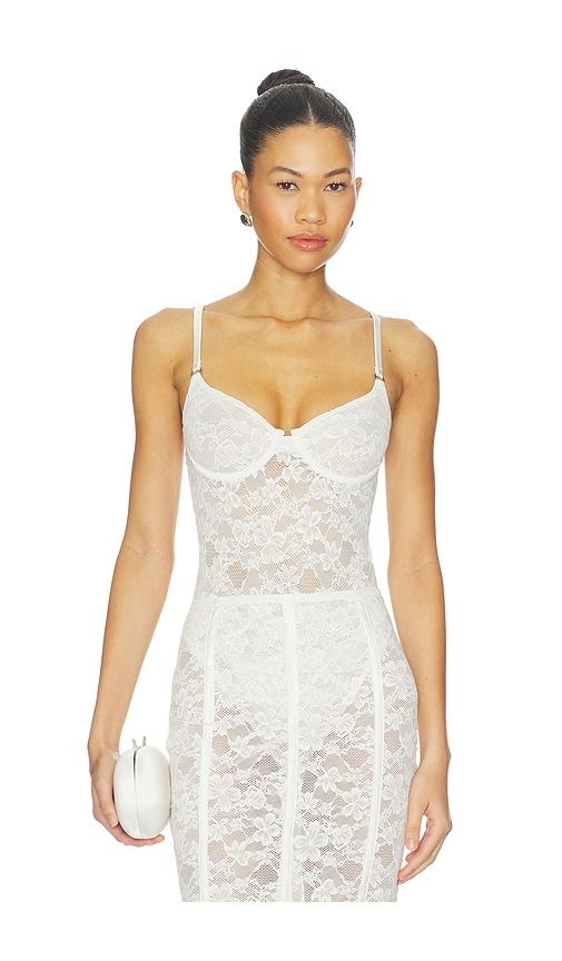 fleur du mal le stretch lace bodysuit in ivory.