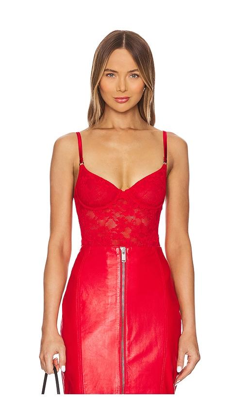fleur du mal le stretch lace bodysuit in red.