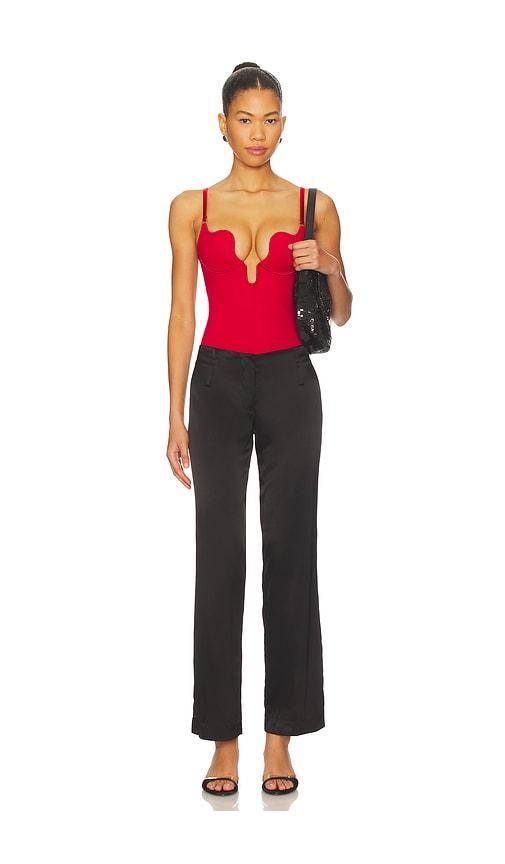 fleur du mal le stretch micro seduce u-plunge bodysuit in red.