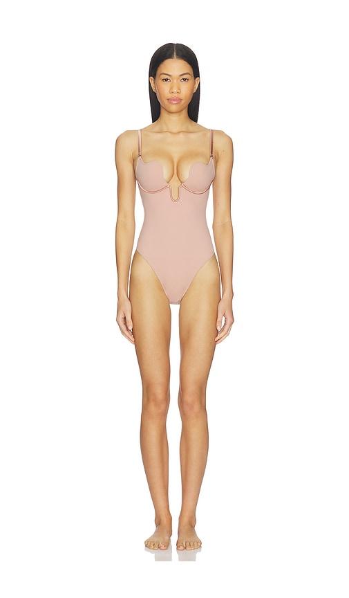 fleur du mal le stretch u-plunge bodysuit in tan.