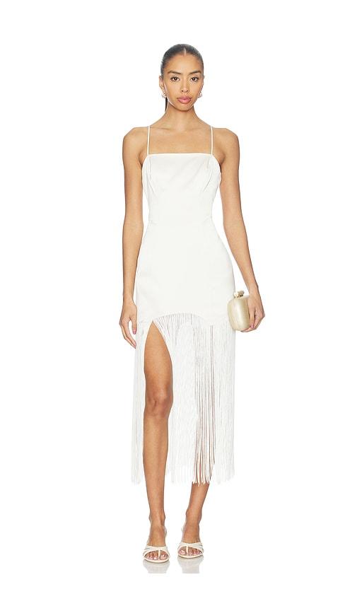 fleur du mal satin fringe maxi dress in ivory.