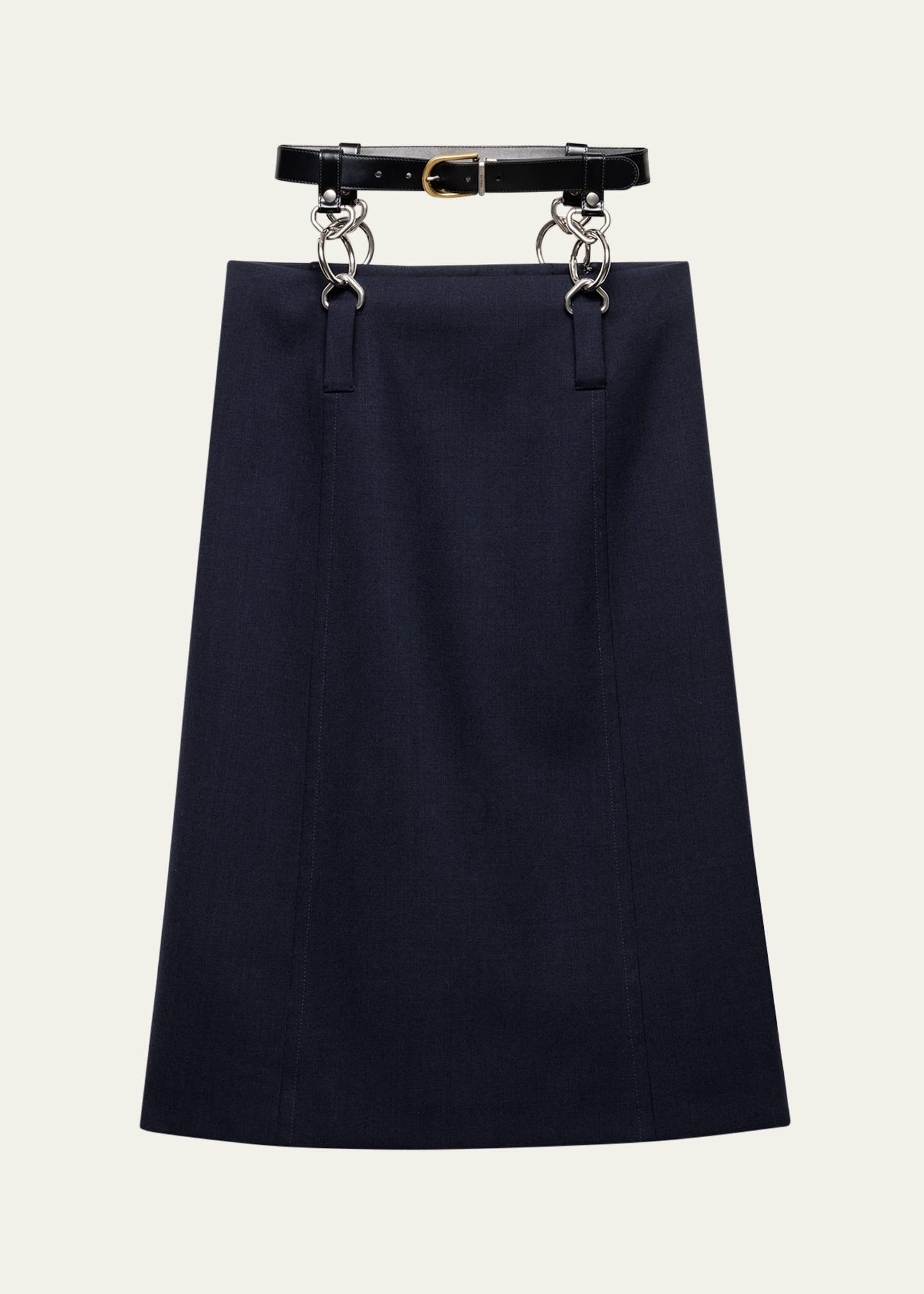 floating leather belt wool midi skirt
