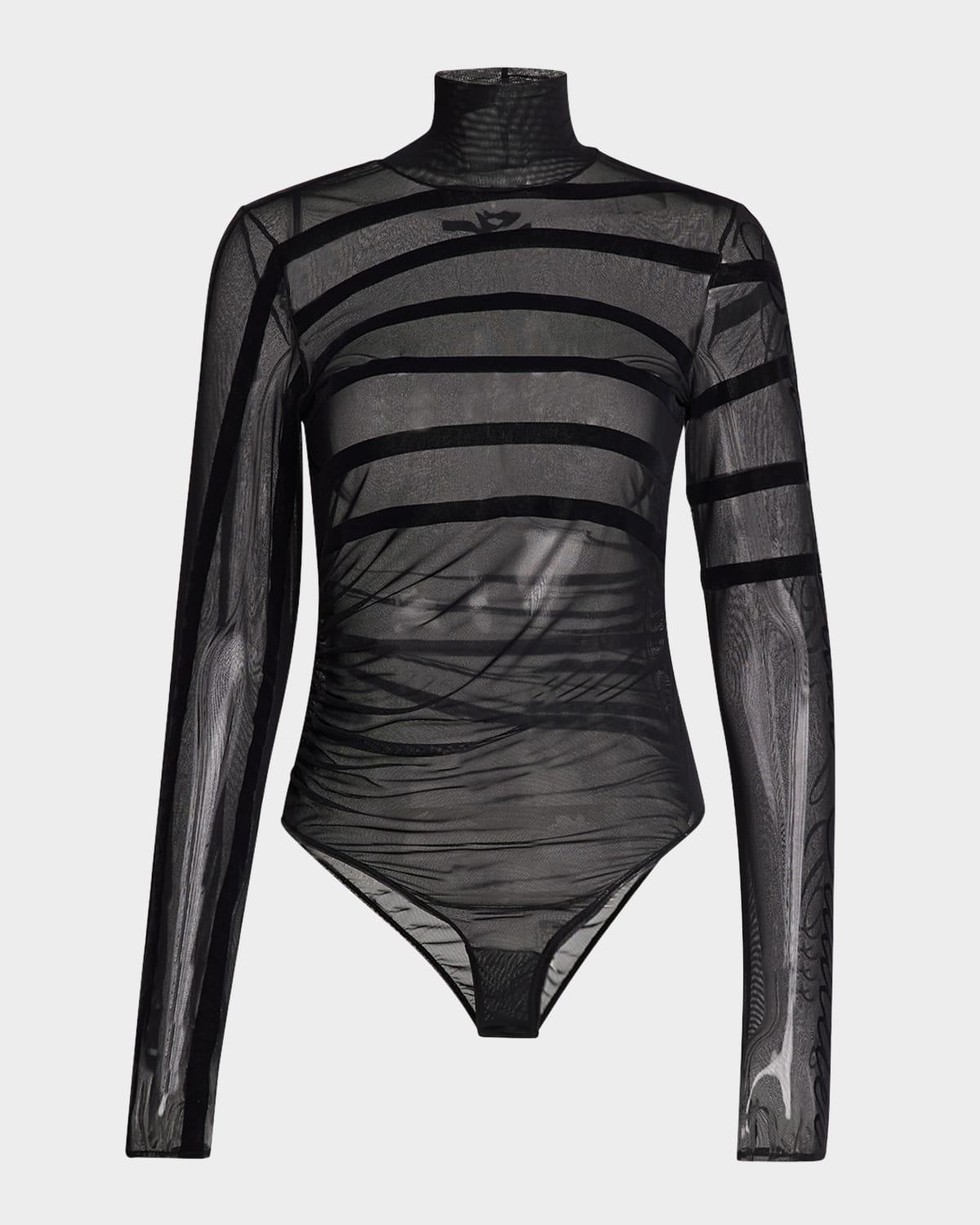 flocked mariniere logo mesh turtleneck bodysuit