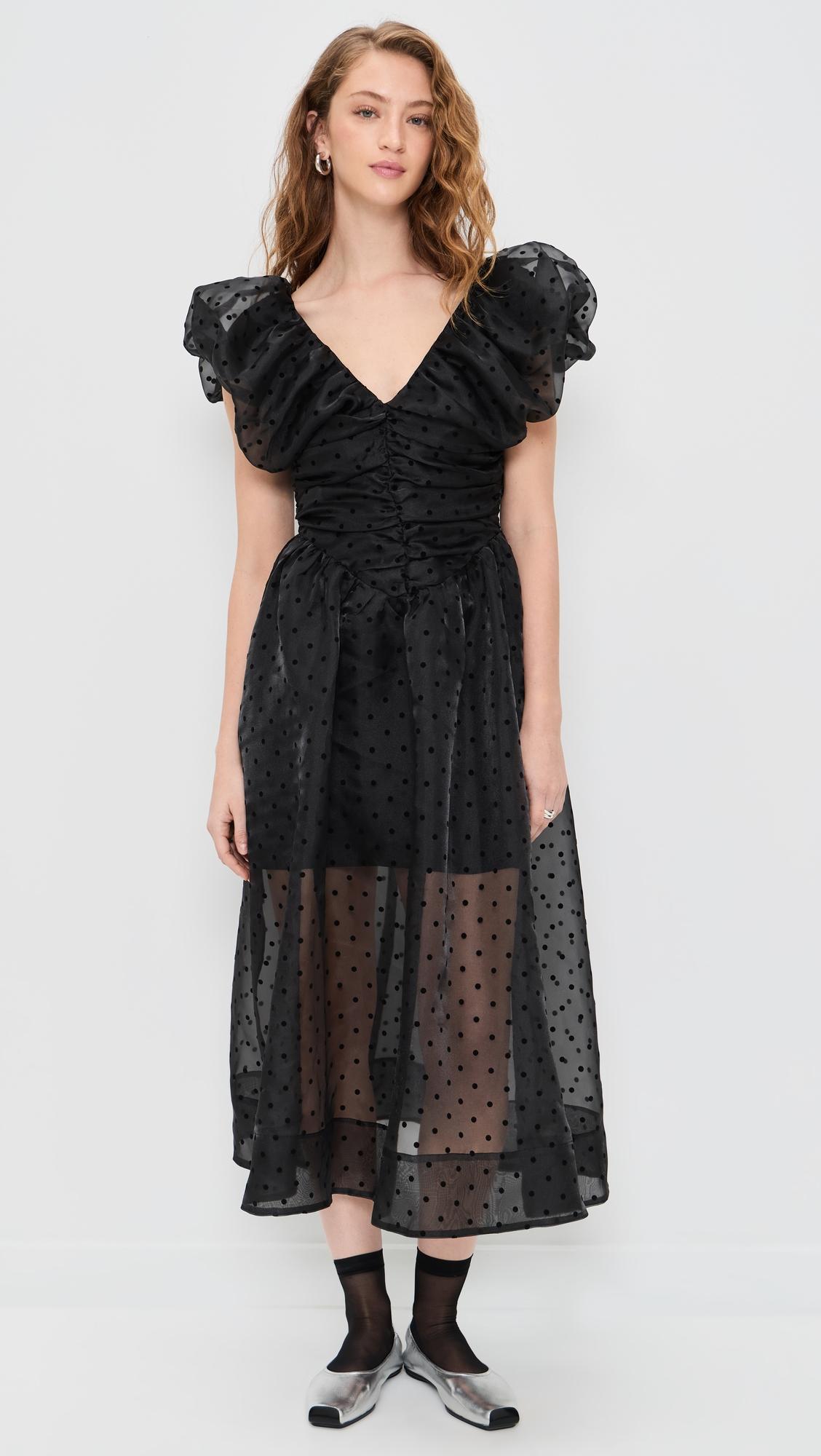 flocked organza long ruched dress