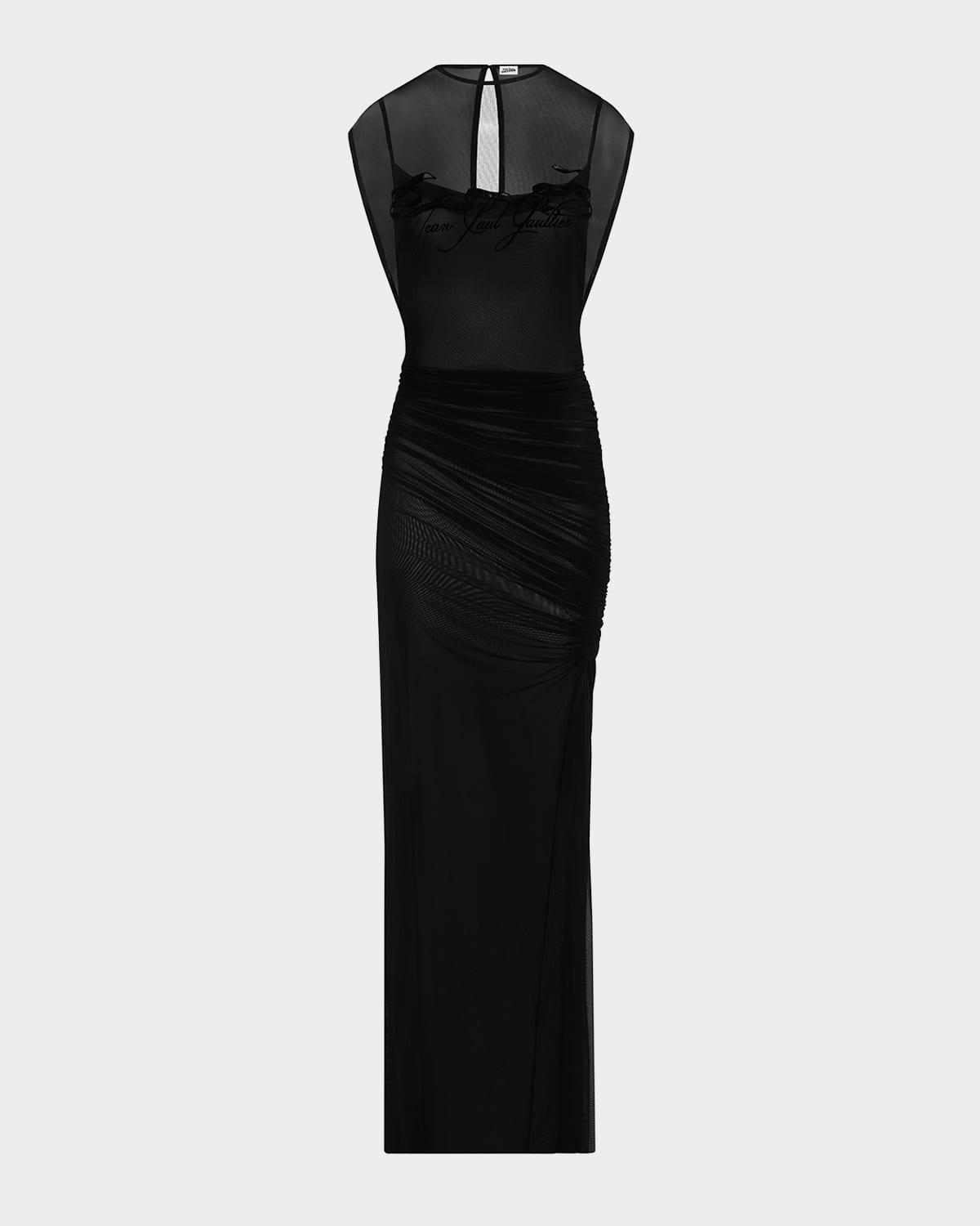 flocked tattoo logo draped mesh backless maxi dress