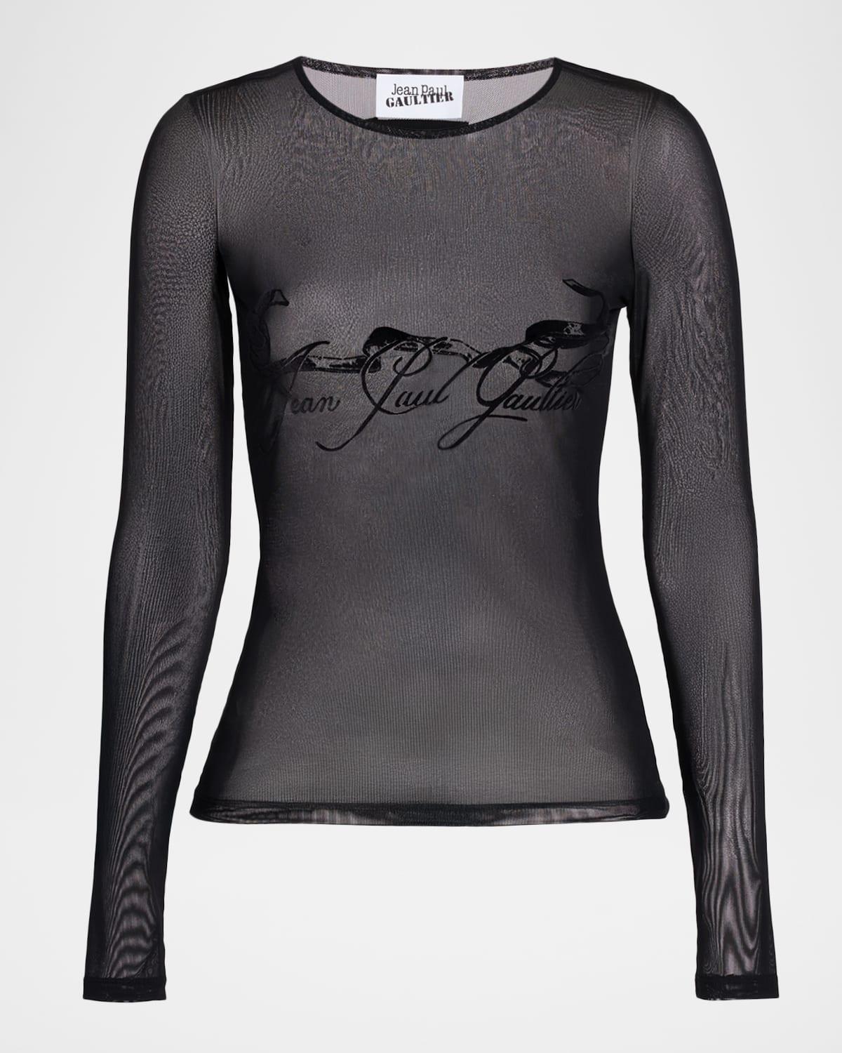 flocked tattoo logo mesh long-sleeve top