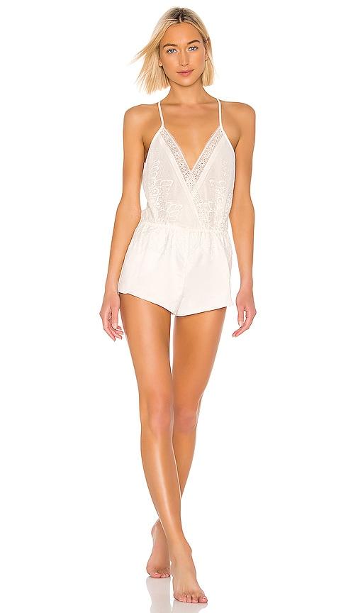 flora nikrooz genevive charmeuse lace romper in ivory.