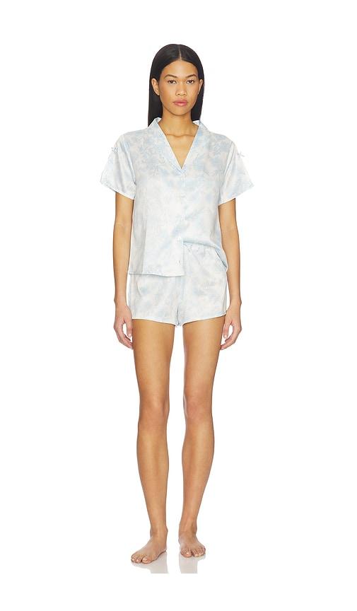 flora nikrooz odessa charm shawl collar pajama set with bows in baby blue.