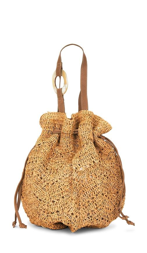 florabella antilles crochet raffia and leather tote bag in tan.