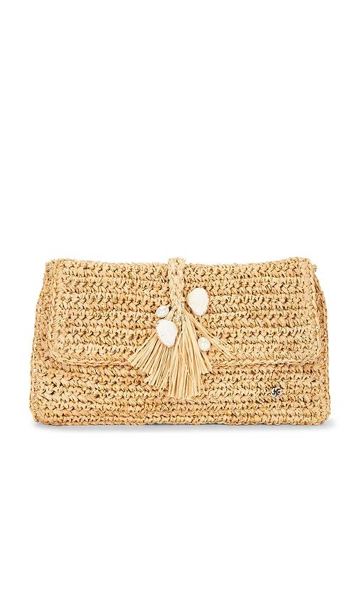 florabella chastanet crochet raffia clutch in neutral.