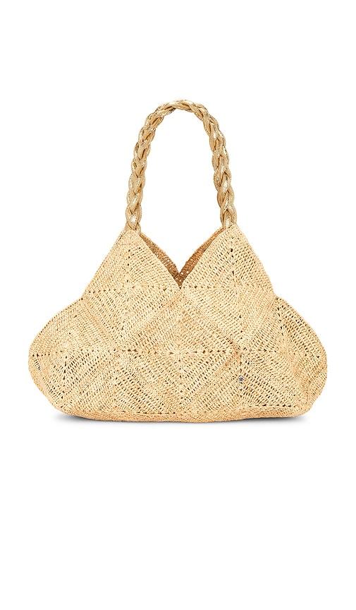 florabella foggia crochet raffia and leather tote bag in neutral.
