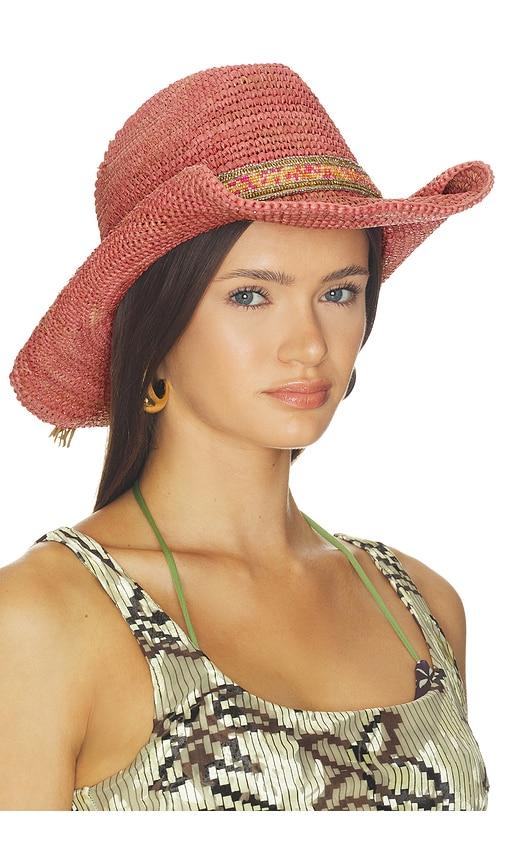 florabella skyler crochet raffia cowboy hat in pink.