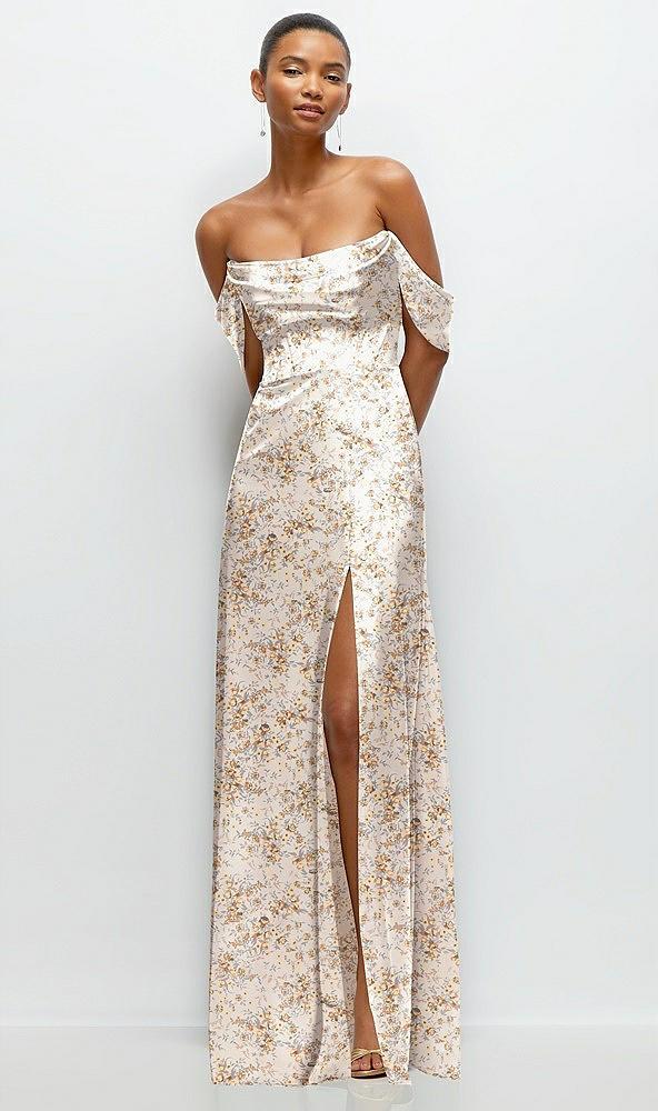 floral a-line satin maxi dress with convertible off-the-shoulder or strapless looks