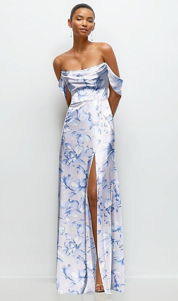 floral a-line satin maxi dress with convertible off-the-shoulder or strapless looks
