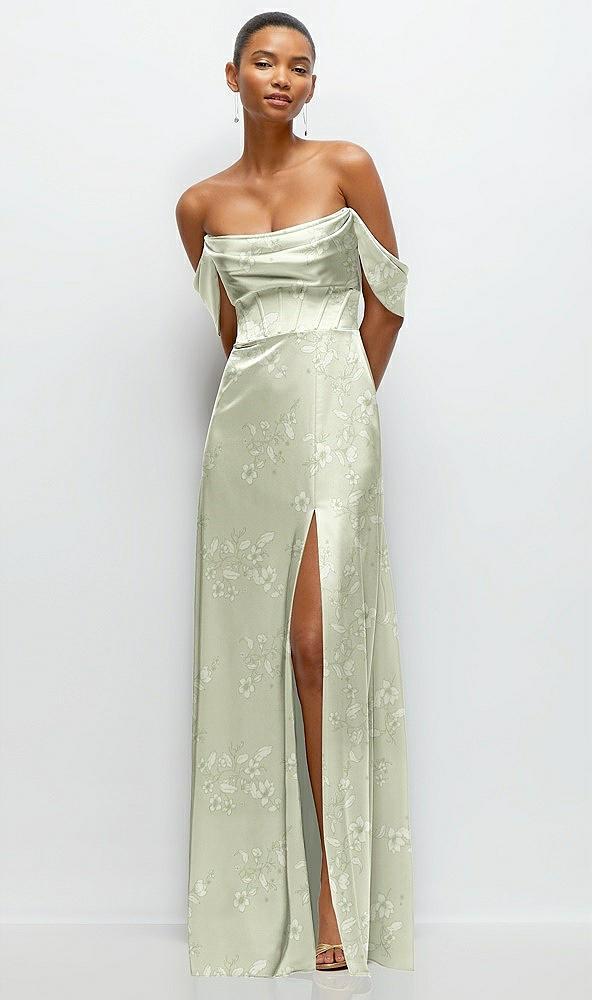 floral a-line satin maxi dress with convertible off-the-shoulder or strapless looks