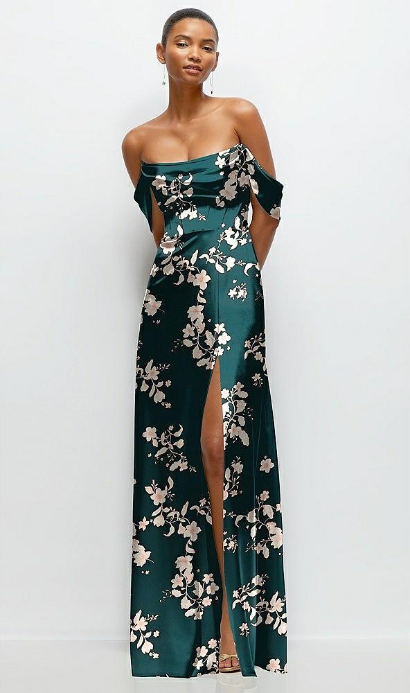 floral a-line satin maxi dress with convertible off-the-shoulder or strapless looks