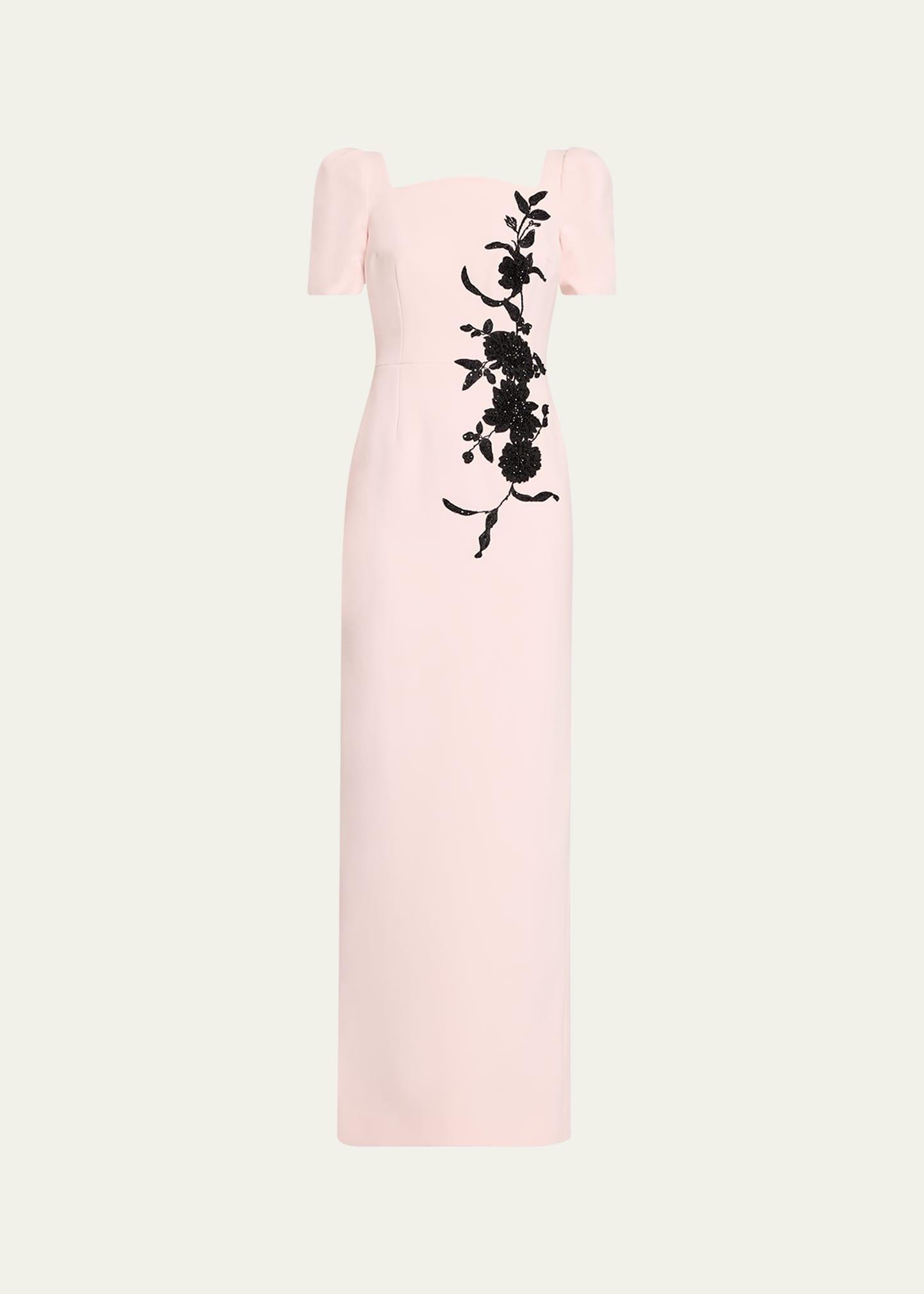 floral applique crepe column gown