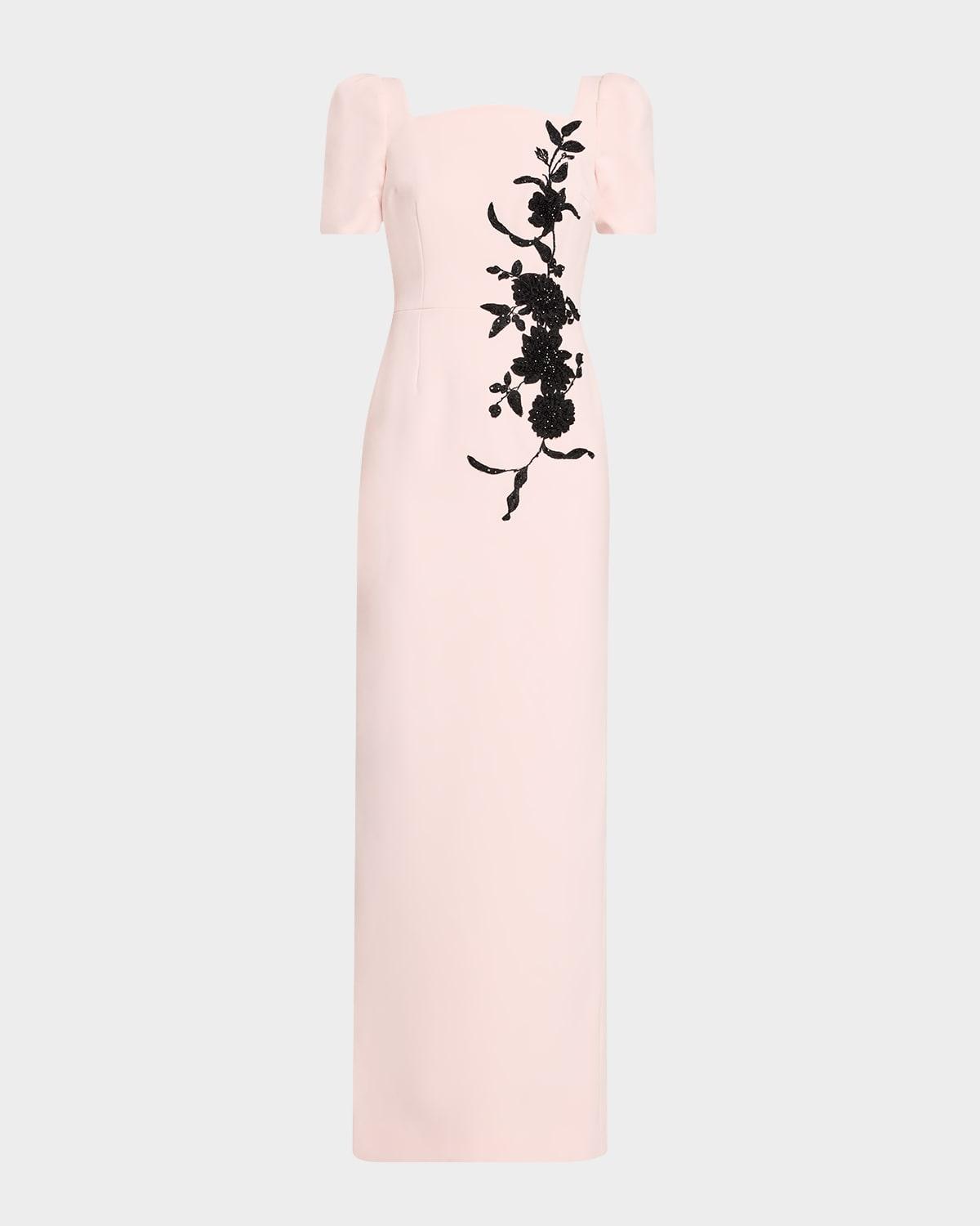 floral applique crepe column gown