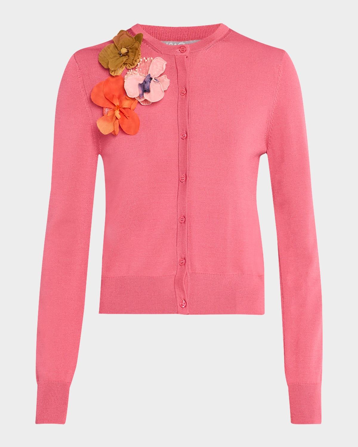 floral applique knit crewneck cardigan