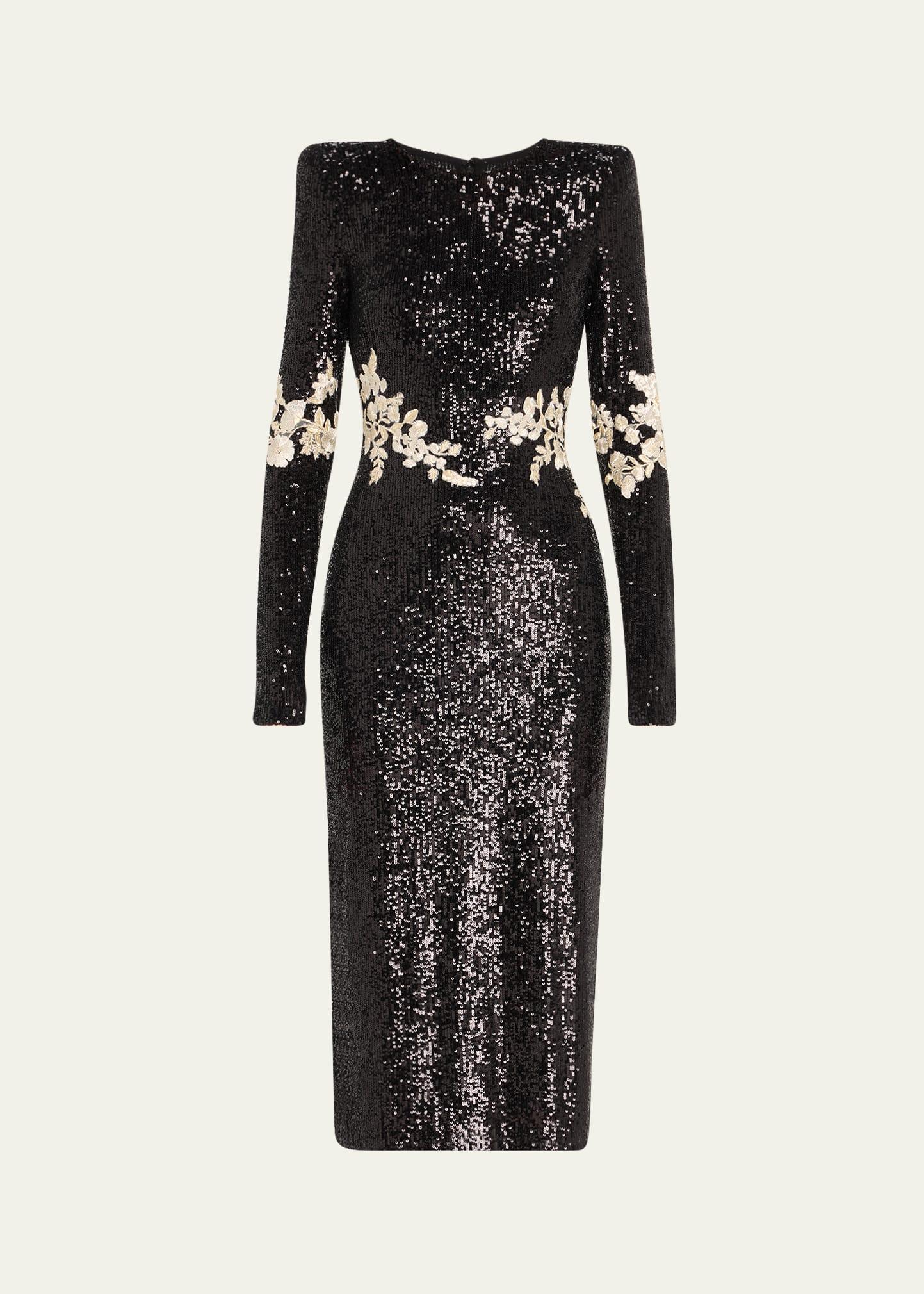 floral applique stretch sequined strong-shoulder midi dress