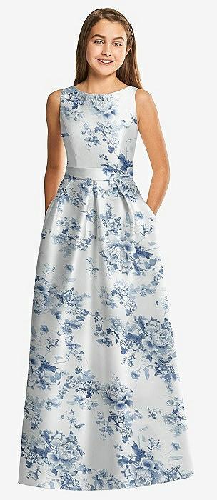 floral bateau neck maxi junior bridesmaid dress with pockets