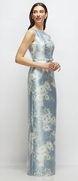 floral bateau neck satin column dress with bow-trimmed skinny belt