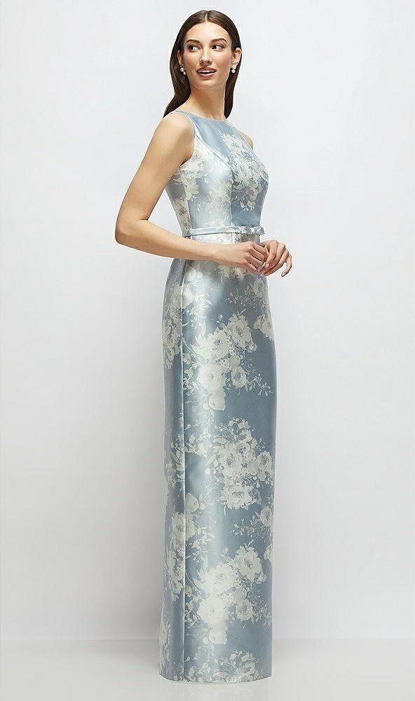 floral bateau neck satin column dress with bow-trimmed skinny belt