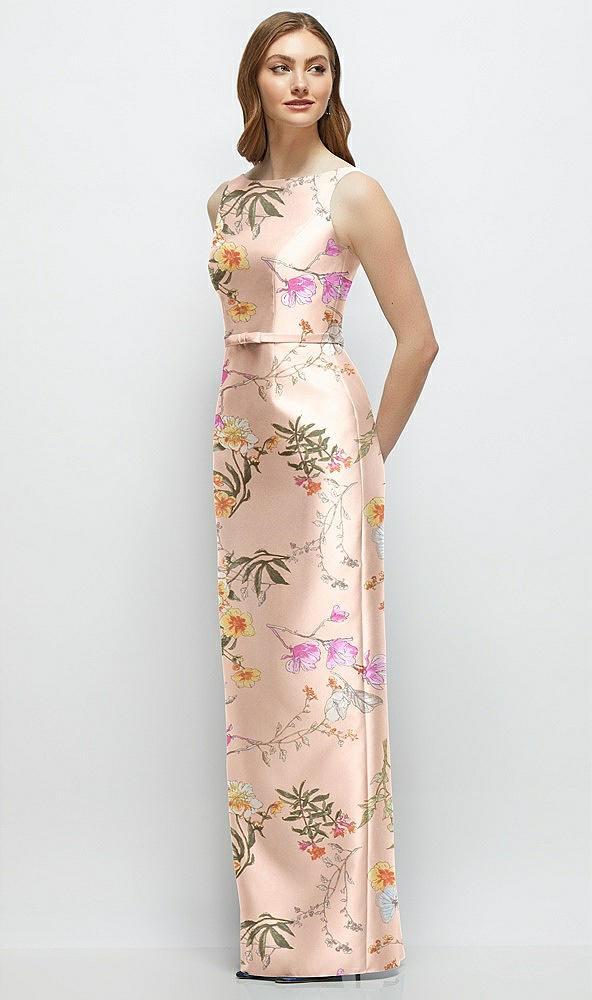 floral bateau neck satin column dress with bow-trimmed skinny belt
