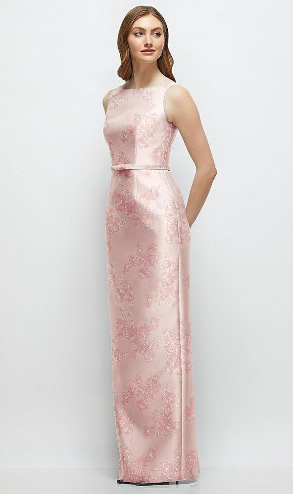 floral bateau neck satin column dress with bow-trimmed skinny belt