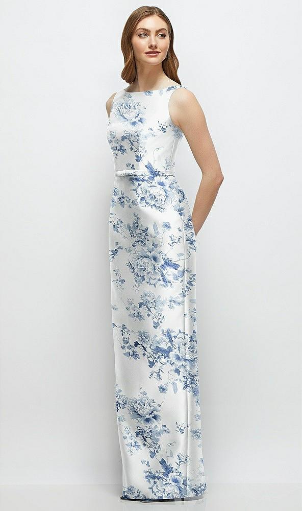 floral bateau neck satin column dress with bow-trimmed skinny belt