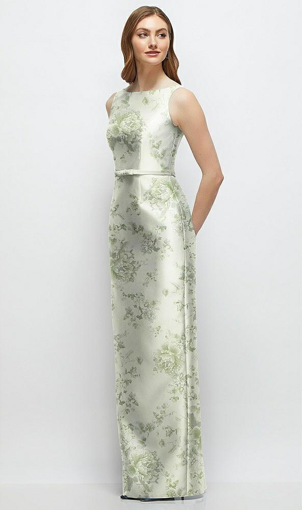 floral bateau neck satin column dress with bow-trimmed skinny belt