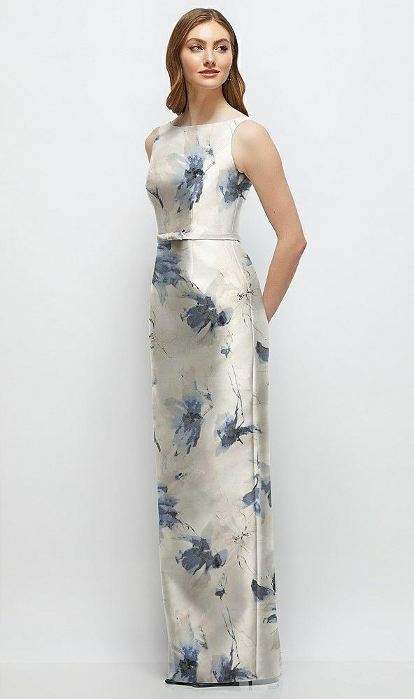 floral bateau neck satin column dress with bow-trimmed skinny belt