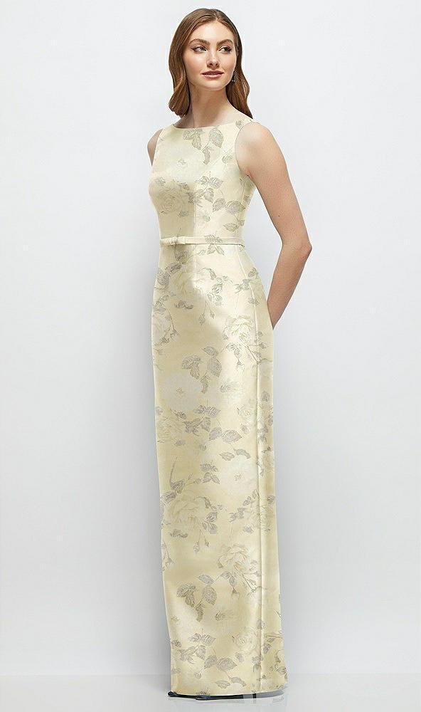 floral bateau neck satin column dress with bow-trimmed skinny belt