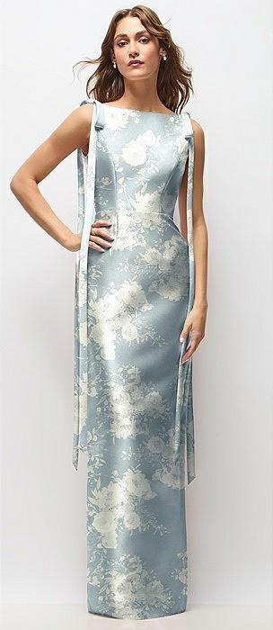 floral bateau neck satin column maxi dress with exaggerated tail bow straps
