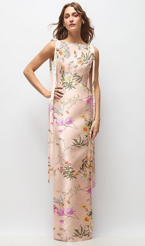 floral bateau neck satin column maxi dress with exaggerated tail bow straps