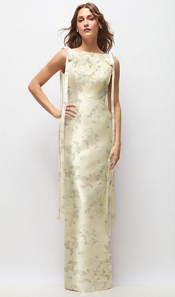 floral bateau neck satin column maxi dress with exaggerated tail bow straps