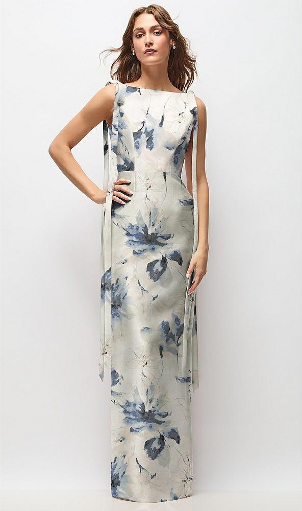 floral bateau neck satin column maxi dress with exaggerated tail bow straps