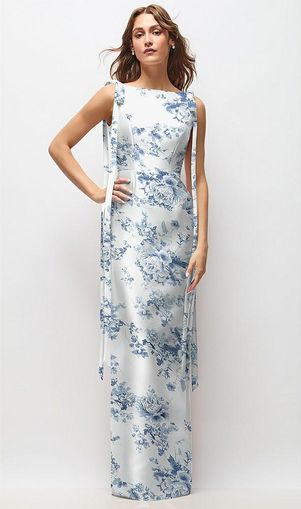 floral bateau neck satin column maxi dress with exaggerated tail bow straps