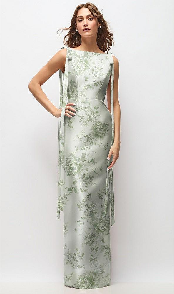 floral bateau neck satin column maxi dress with exaggerated tail bow straps