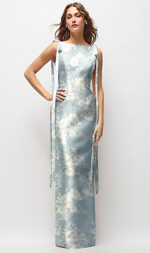 floral bateau neck satin column maxi dress with exaggerated tail bow straps