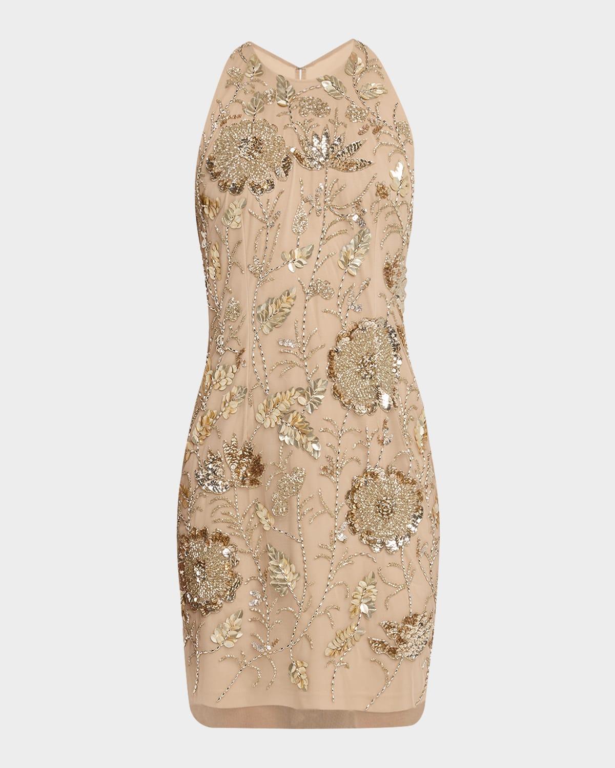 floral bead & sequin halter mini dress