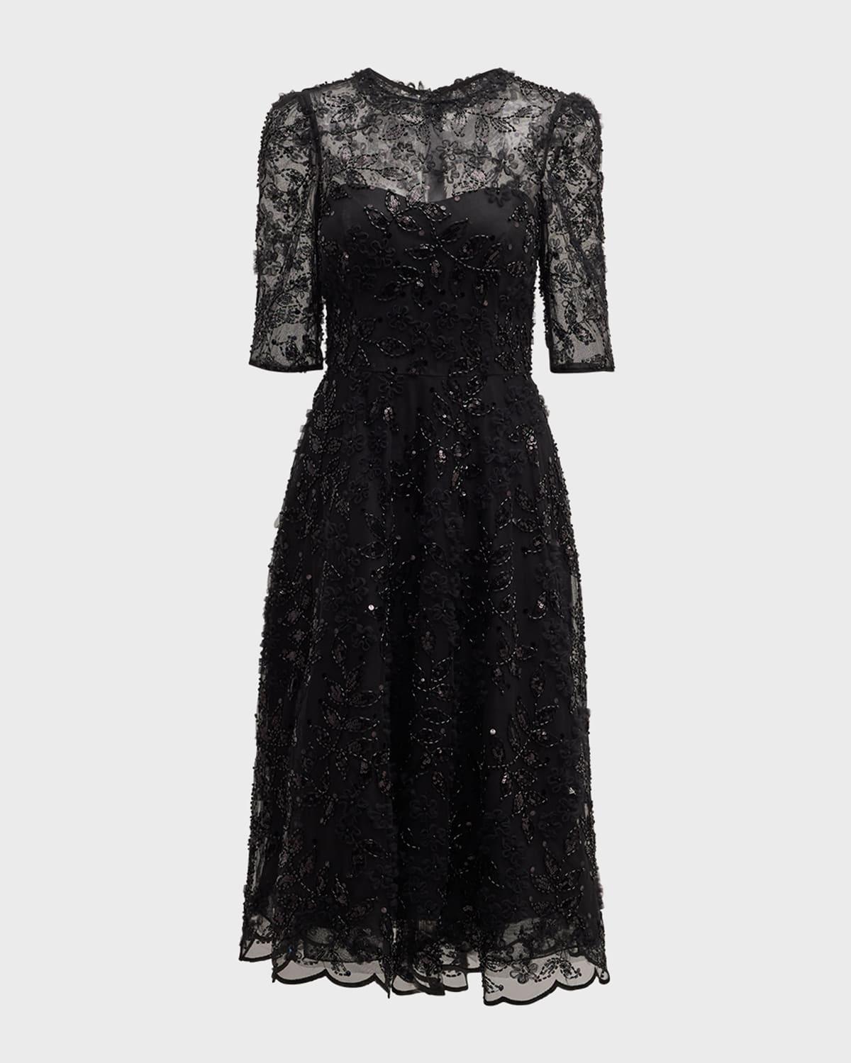 floral bead & sequin tulle midi dress