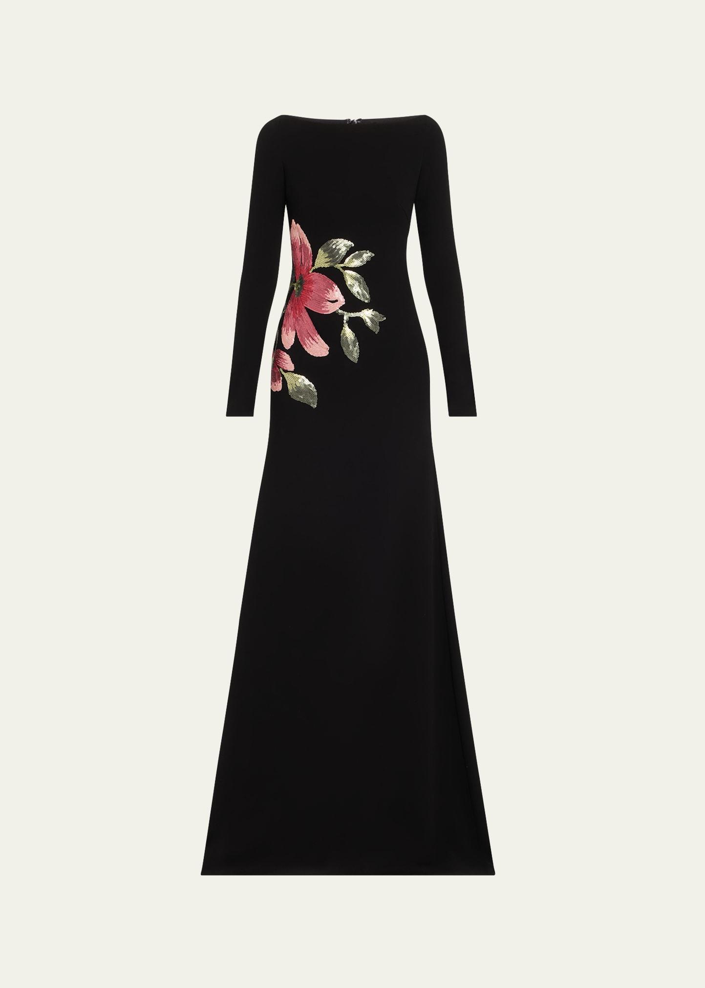 floral beaded crepe long-sleeve trumpet gown