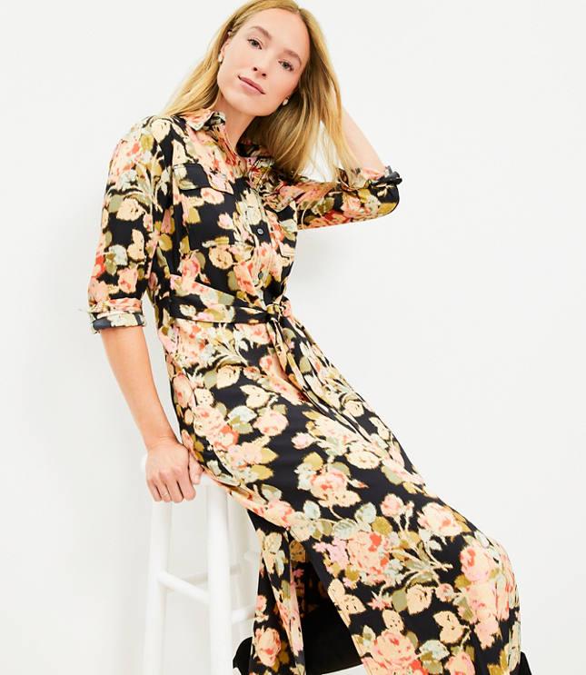 floral belted midi pocket shirtdress