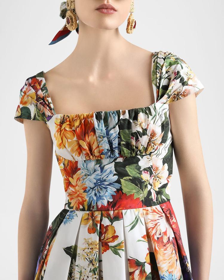 floral bouquet popeline cap-sleeve pleated dress