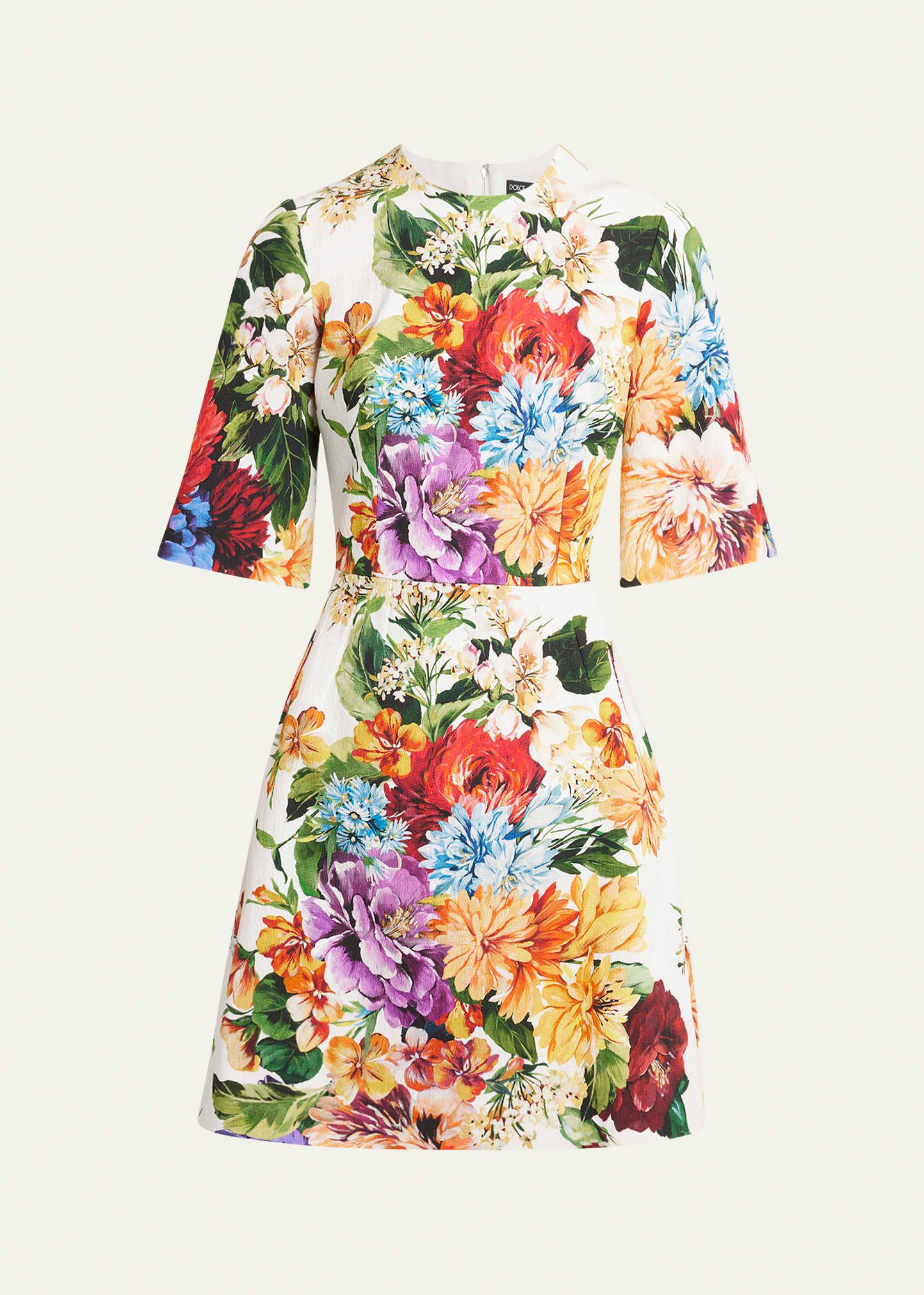 floral bouquet short-sleeve creton mini dress