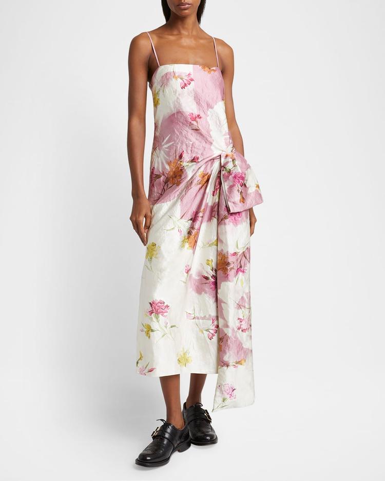 floral bow draped cocktail dress